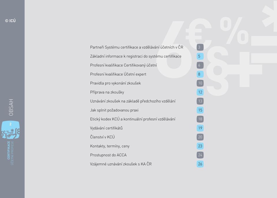 OBSAH 2 Uznávání zkoušek na základě předchozího vzdělání 13 Jak splnit požadovanou praxi 15 Etický kodex KCÚ a kontinuální profesní