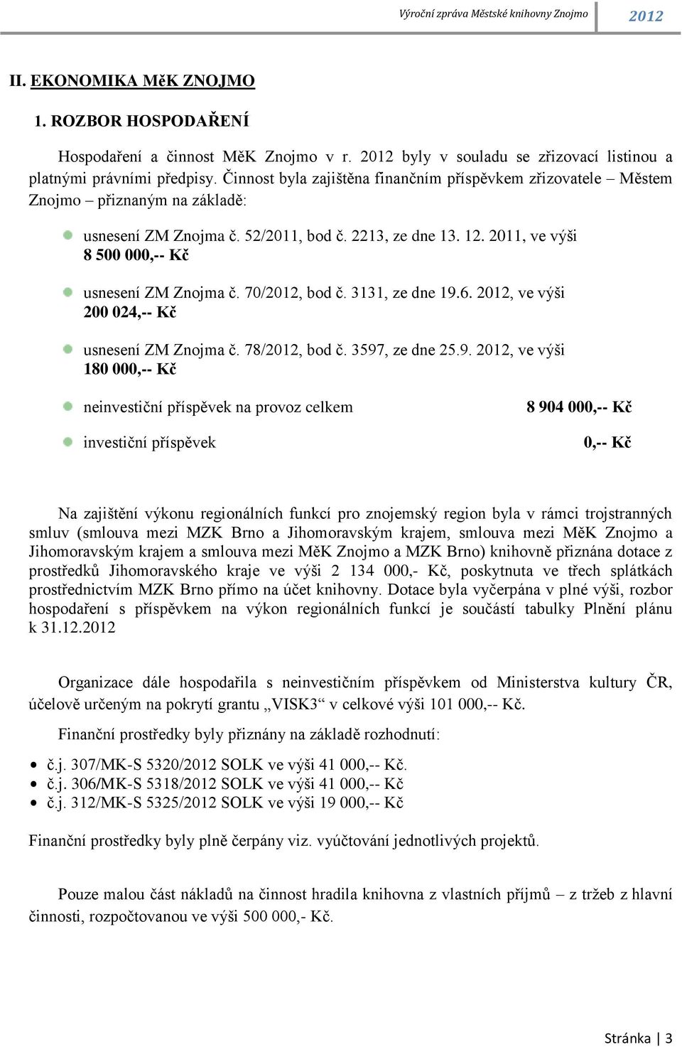 2011, ve výši 8 500 000,-- Kč usnesení ZM Znojma č. 70/2012, bod č. 3131, ze dne 19.