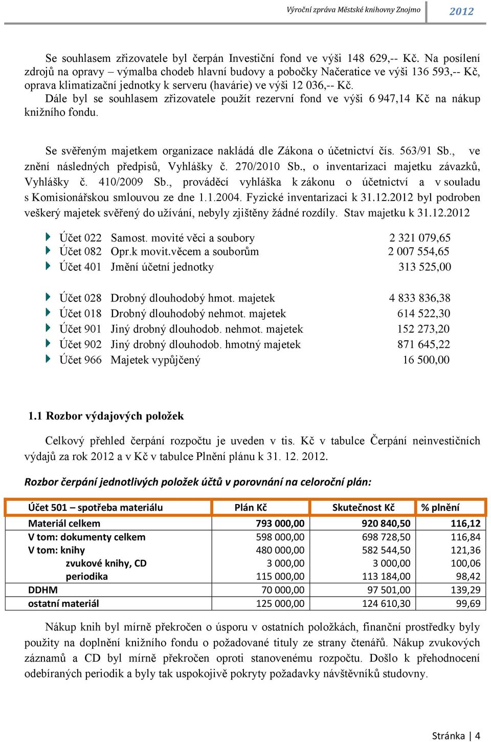 Dále byl se souhlasem zřizovatele použít rezervní fond ve výši 6 947,14 Kč na nákup knižního fondu. Se svěřeným majetkem organizace nakládá dle Zákona o účetnictví čís. 563/91 Sb.