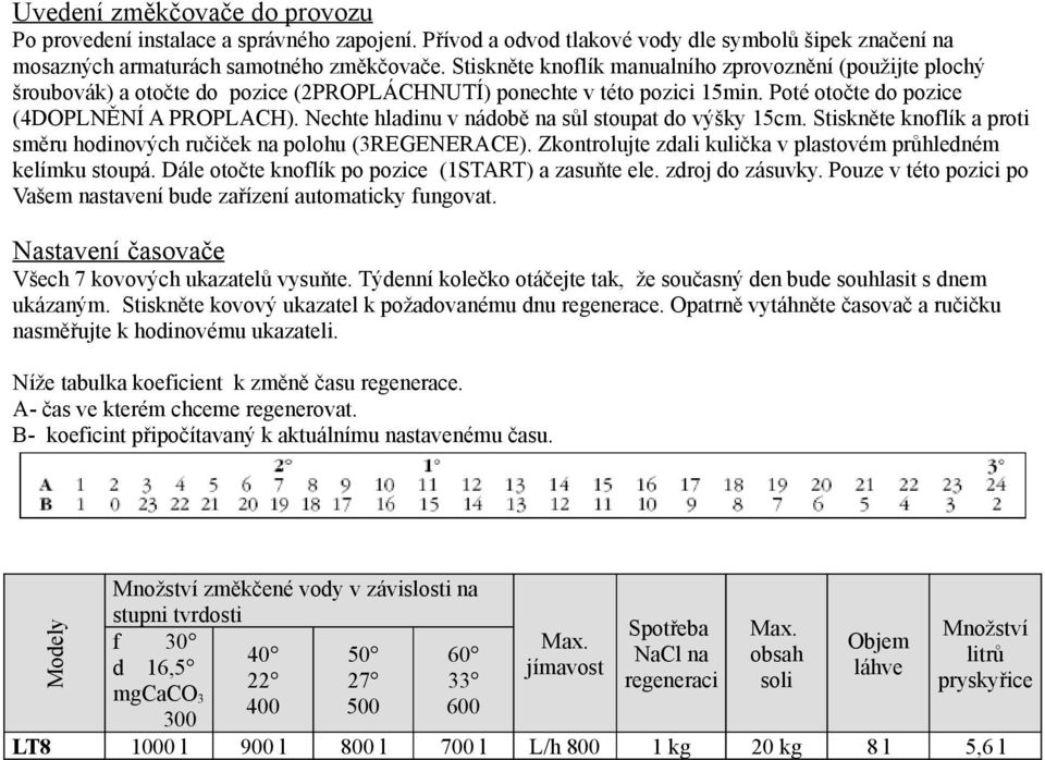 Nechte hladinu v nádobě na sůl stoupat do výšky 15cm. Stiskněte knoflík a proti směru hodinových ručiček na polohu (3REGENERACE). Zkontrolujte zdali kulička v plastovém průhledném kelímku stoupá.