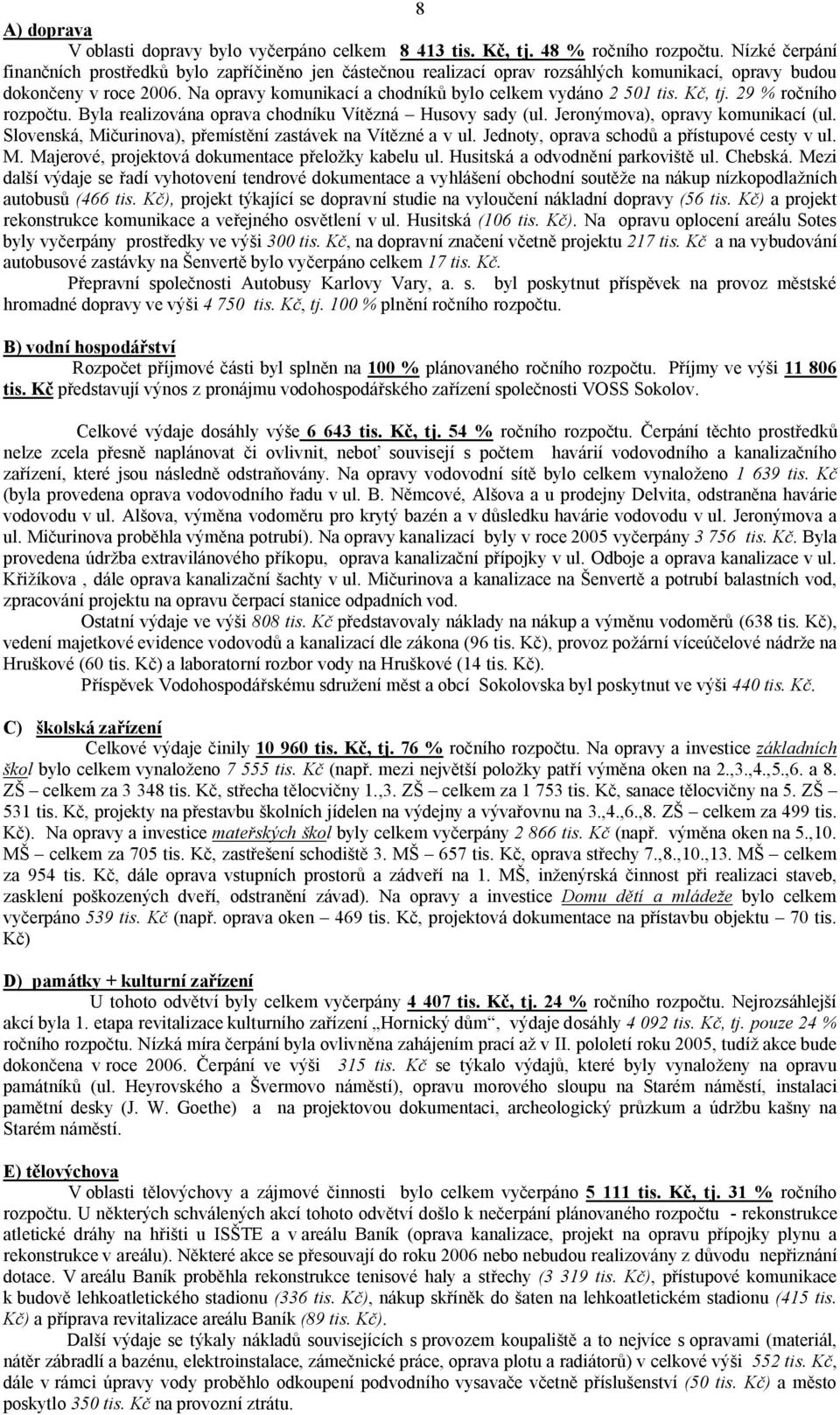 Na opravy komunikací a chodníků bylo celkem vydáno 2 501 tis. Kč, tj. 29 % ročního rozpočtu. Byla realizována oprava chodníku Vítězná Husovy sady (ul. Jeronýmova), opravy komunikací (ul.