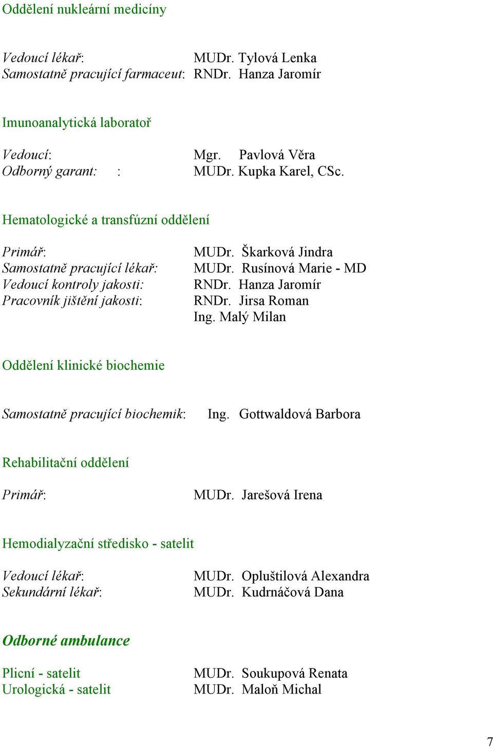 Hanza Jaromír RNDr. Jirsa Roman Ing. Malý Milan Oddělení klinické biochemie Samostatně pracující biochemik: Ing. Gottwaldová Barbora Rehabilitační oddělení Primář: MUDr.