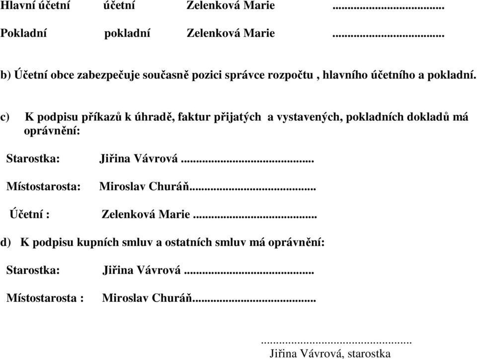 c) K podpisu příkazů k úhradě, faktur přijatých a vystavených, pokladních dokladů má oprávnění: Starostka: Jiřina Vávrová.