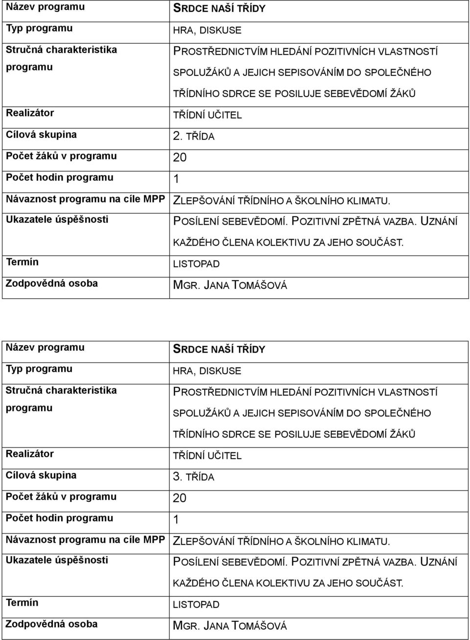 UZNÁNÍ KAŽDÉHO ČLENA KOLEKTIVU ZA JEHO SOUČÁST. LISTOPAD  skupina 3. TŘÍDA Počet žáků v 20 Počet hodin 1 Návaznost na cíle MPP ZLEPŠOVÁNÍ TŘÍDNÍHO A ŠKOLNÍHO KLIMATU.