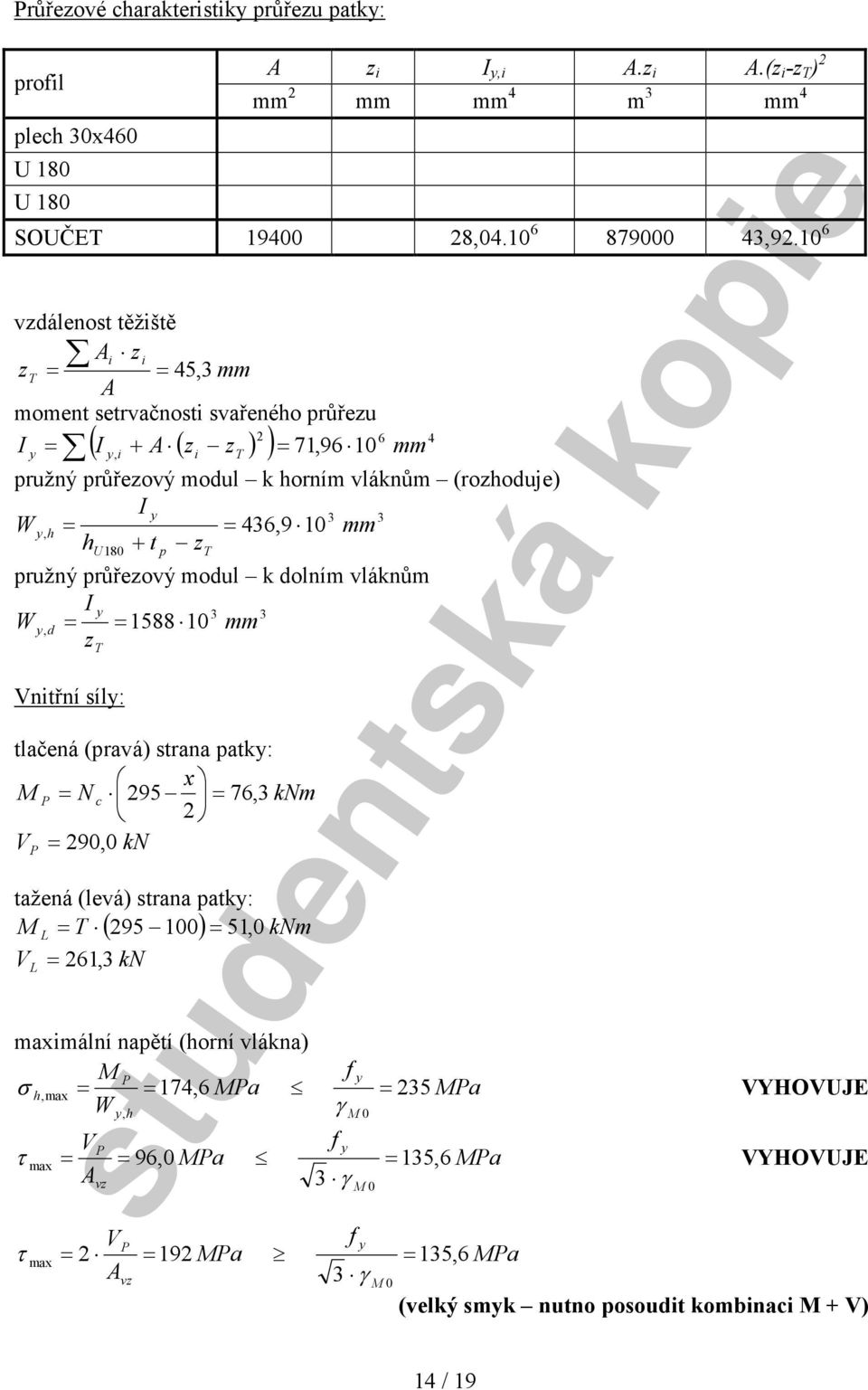 436,9 10 mm h + t z U180 p T pružný průřezový modul k dolním vláknům I 3 3 W, d 1588 10 mm z T nitřní síl: tlačená (pravá) strana patk: x P c 95 76, 3 k m P 90, 0 k tažená (levá) strana