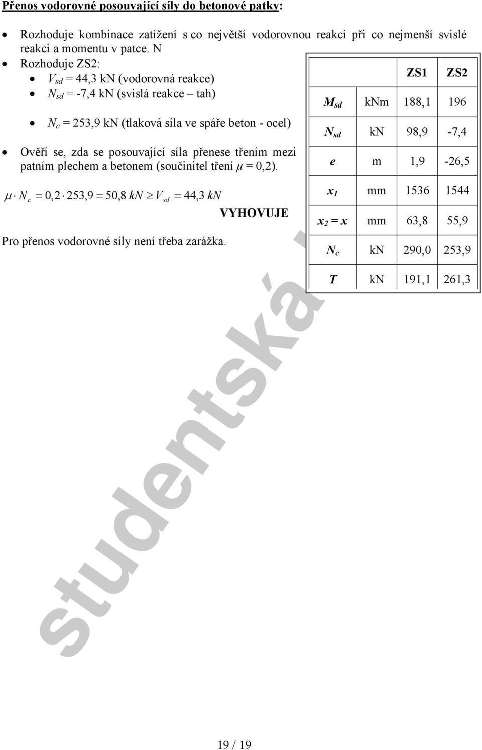 N Rozhoduje ZS: 44,3 kn (vodorovná reakce) -7,4 kn (svislá reakce tah) knm ZS1 188,1 ZS 196 c 53,9 kn (tlaková síla ve spáře beton - ocel)