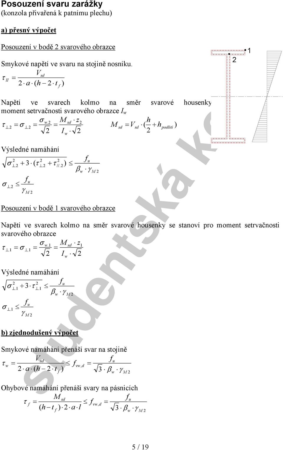 ) γ u u β γ Posouzení v bodě 1 svarového obrazce Napětí ve svarech kolmo na směr svarové housenk se stanoví pro moment setrvačnosti svarového obrazce.1 z1.1.1 I ýsledné namáhání.