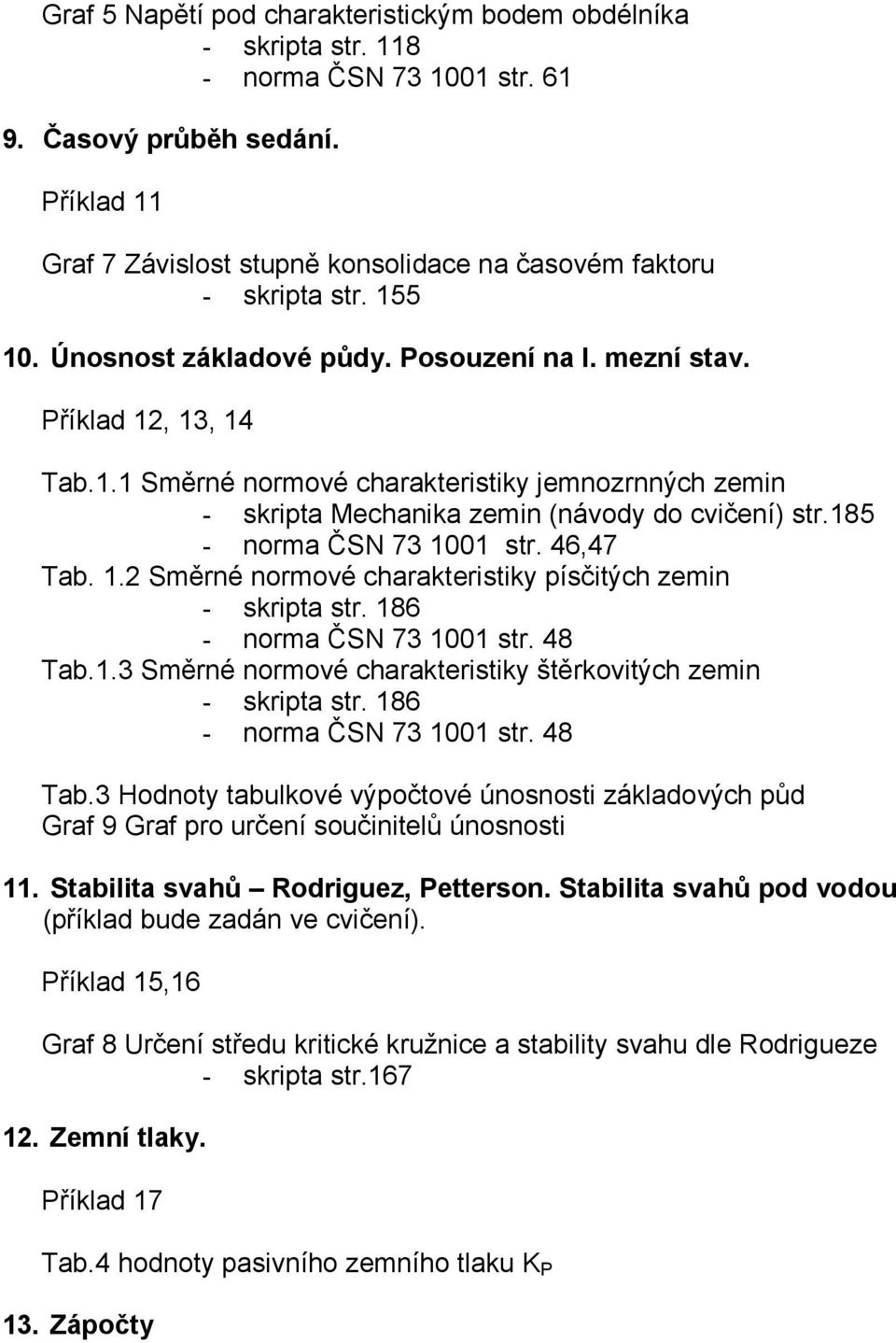 185 - norma ČSN 73 1001 str. 46,47 Tab. 1.2 Směrné normové charakteristiky písčitých zemin - skripta str. 186 - norma ČSN 73 1001 str. 48 Tab.1.3 Směrné normové charakteristiky štěrkovitých zemin - skripta str.