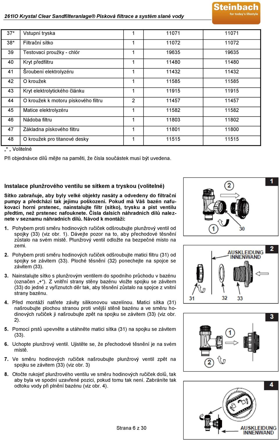 pískového filtru 1 11801 11800 48 O kroužek pro titanové desky 1 11515 11515 * Volitelné Při objednávce dílů mějte na paměti, že čísla součástek musí být uvedena.