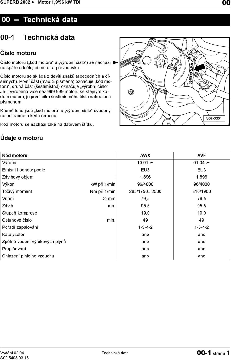 Je-li vyrobeno více než 999 999 motorů se stejným kódem motoru, je první cifra šestimístného čísla nahrazena písmenem. Kromě toho jsou kód motoru a výrobní číslo uvedeny na ochranném krytu řemenu.