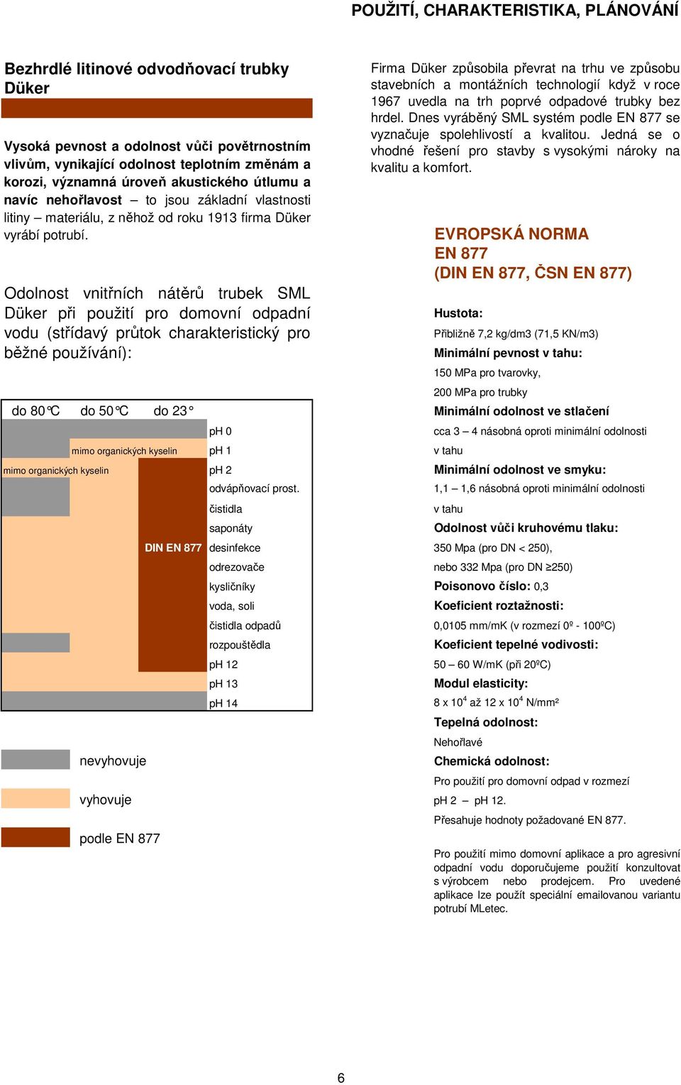 Odolnost vnitřních nátěrů trubek SML Düker při použití pro domovní odpadní vodu (střídavý průtok charakteristický pro běžné používání): EVROPSKÁ NORMA EN 877 (DIN EN 877, ČSN EN 877) Hustota: