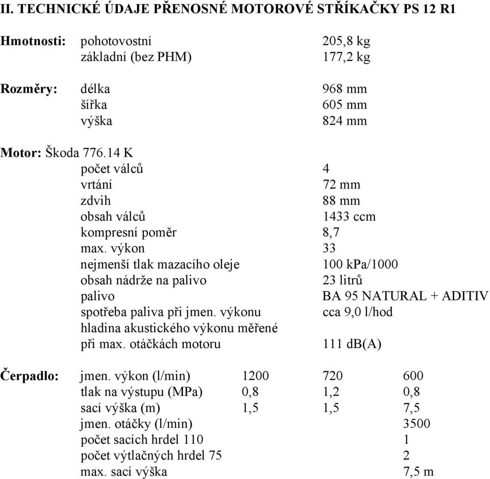 výkon 33 nejmenší tlak mazacího oleje 100 kpa/1000 obsah nádrže na palivo 23 litrů palivo BA 95 NATURAL + ADITIV spotřeba paliva při jmen.