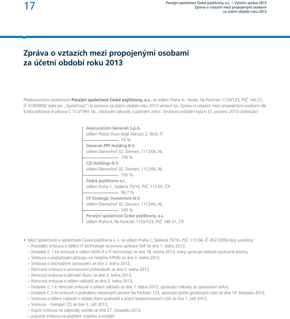 Zprávu o vztazích mezi propojenými osobami dle 66a odstavce 9 zákona č. 513/1991 Sb., obchodní zákoník, v platném znění. Struktura ovládání byla k 31.