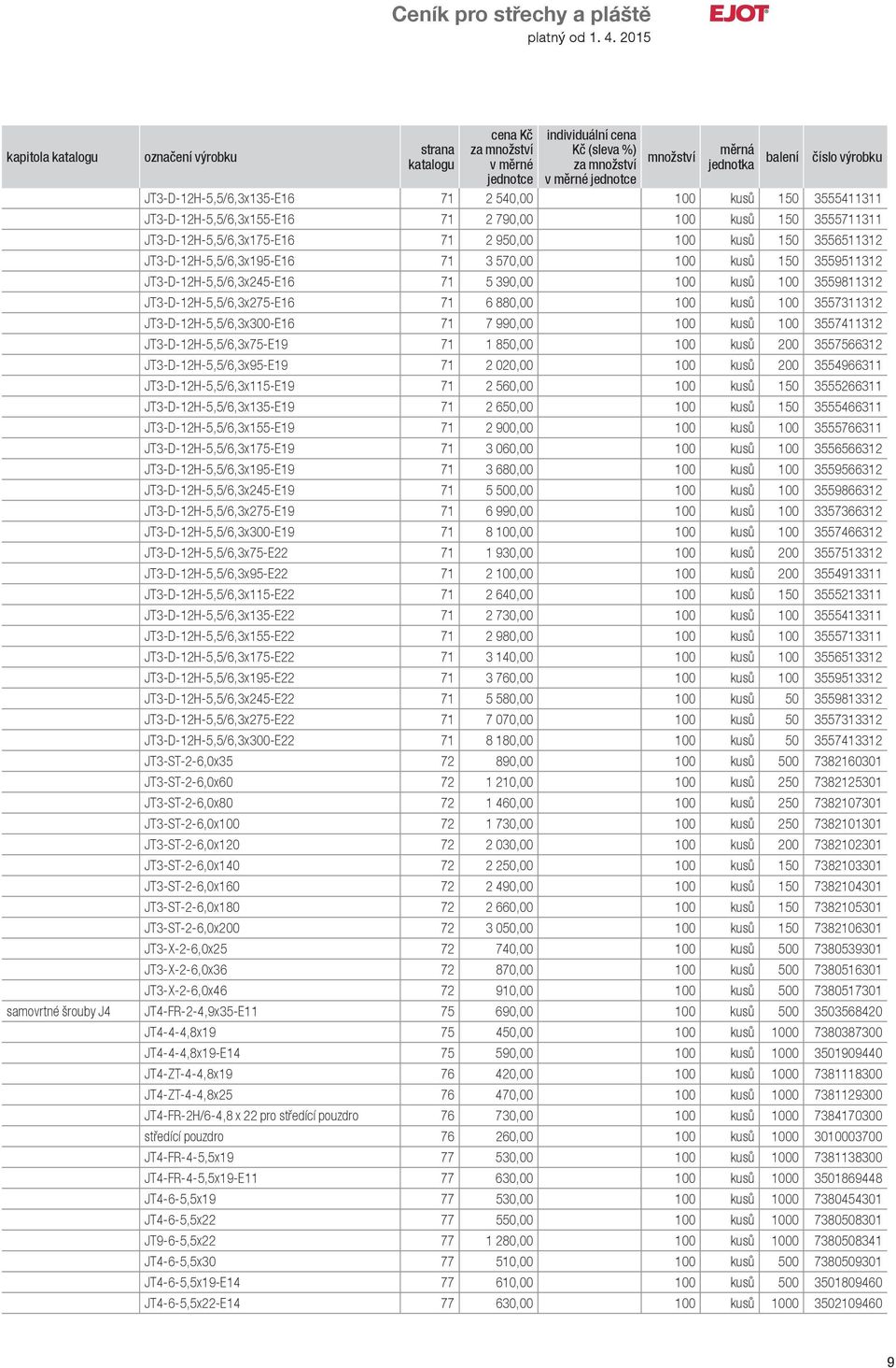 JT3-D-12H-5,5/6,3x300-E16 71 7 990,00 100 kusů 100 3557411312 JT3-D-12H-5,5/6,3x75-E19 71 1 850,00 100 kusů 200 3557566312 JT3-D-12H-5,5/6,3x95-E19 71 2 020,00 100 kusů 200 3554966311