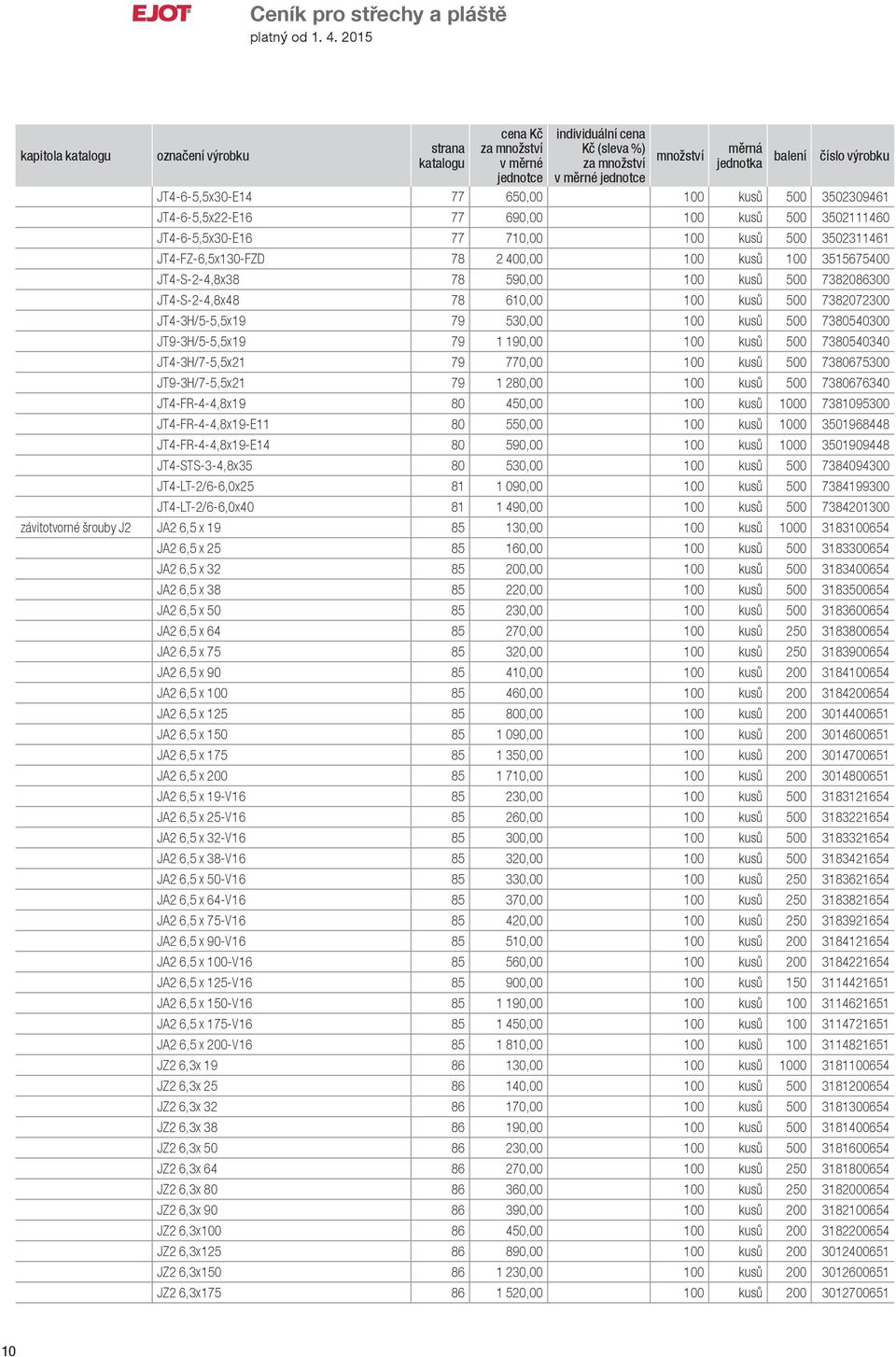 7380540340 JT4-3H/7-5,5x21 79 770,00 100 kusů 500 7380675300 JT9-3H/7-5,5x21 79 1 280,00 100 kusů 500 7380676340 JT4-FR-4-4,8x19 80 450,00 100 kusů 1000 7381095300 JT4-FR-4-4,8x19-E11 80 550,00 100