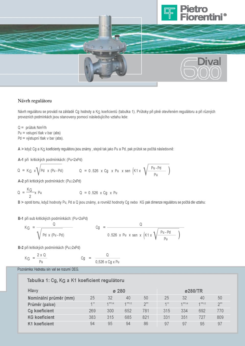 A > když Cg a KG koeficienty regulátoru jsou známy, stejně tak jako Pu a Pd, pak průtok se počítá následovně: A-1 při kritických podmínkách: (Pu<2xPd) Q = K G x Pd x (Pu - Pd ) Q = 0.
