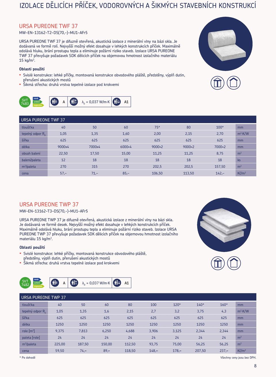 Izolace URSA PUREONE TWF 37 převyšuje požadavek SDK dělicích příček na objemovou hmotnost izolačního materiálu 15 kg/m 3.