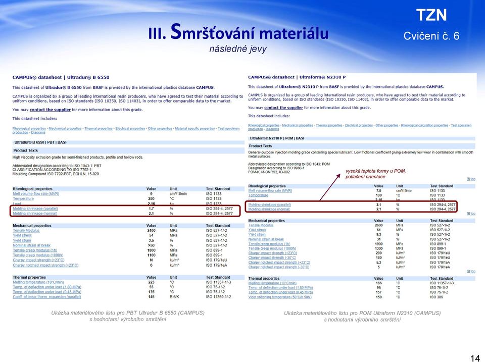 orientace Ukázka materiálového listu pro PBT Ultradur B 6550