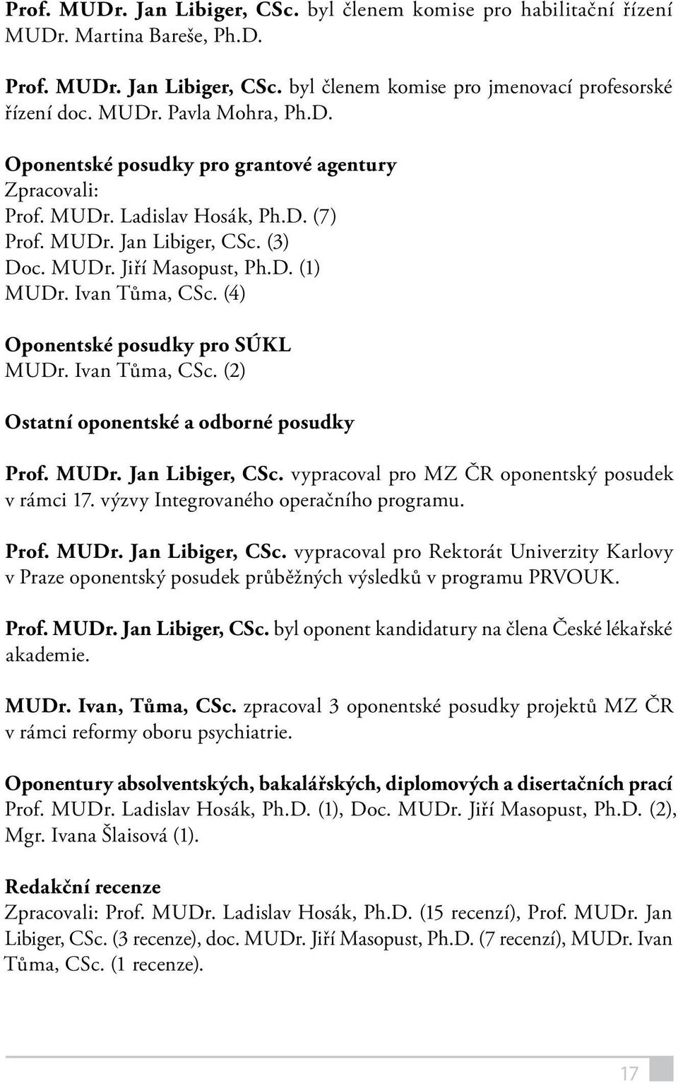 (4) Oponentské posudky pro SÚKL MUDr. Ivan Tůma, CSc. (2) Ostatní oponentské a odborné posudky Prof. MUDr. Jan Libiger, CSc. vypracoval pro MZ ČR oponentský posudek v rámci 17.