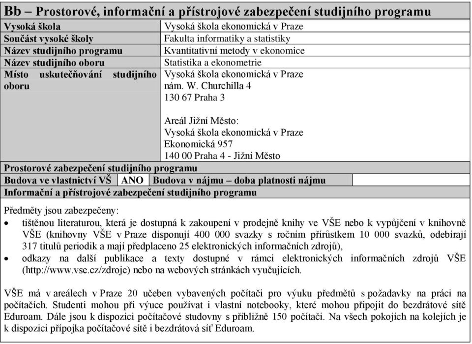 Churchilla 4 130 67 Praha 3 Areál Jižní Město: Vysoká škola ekonomická v Praze Ekonomická 957 140 00 Praha 4 - Jižní Město Prostorové zabezpečení studijního programu Budova ve vlastnictví VŠ ANO