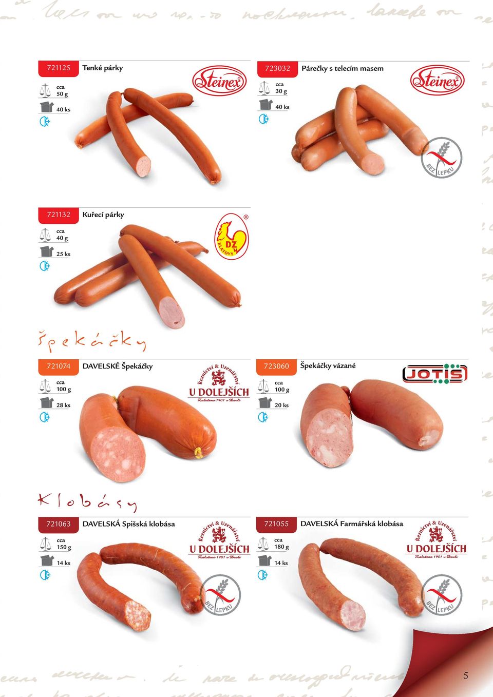 100 g 28 ks 723060 Špekáčky vázané 100 g 20 ks Klobásy 721063 DAVELSKÁ