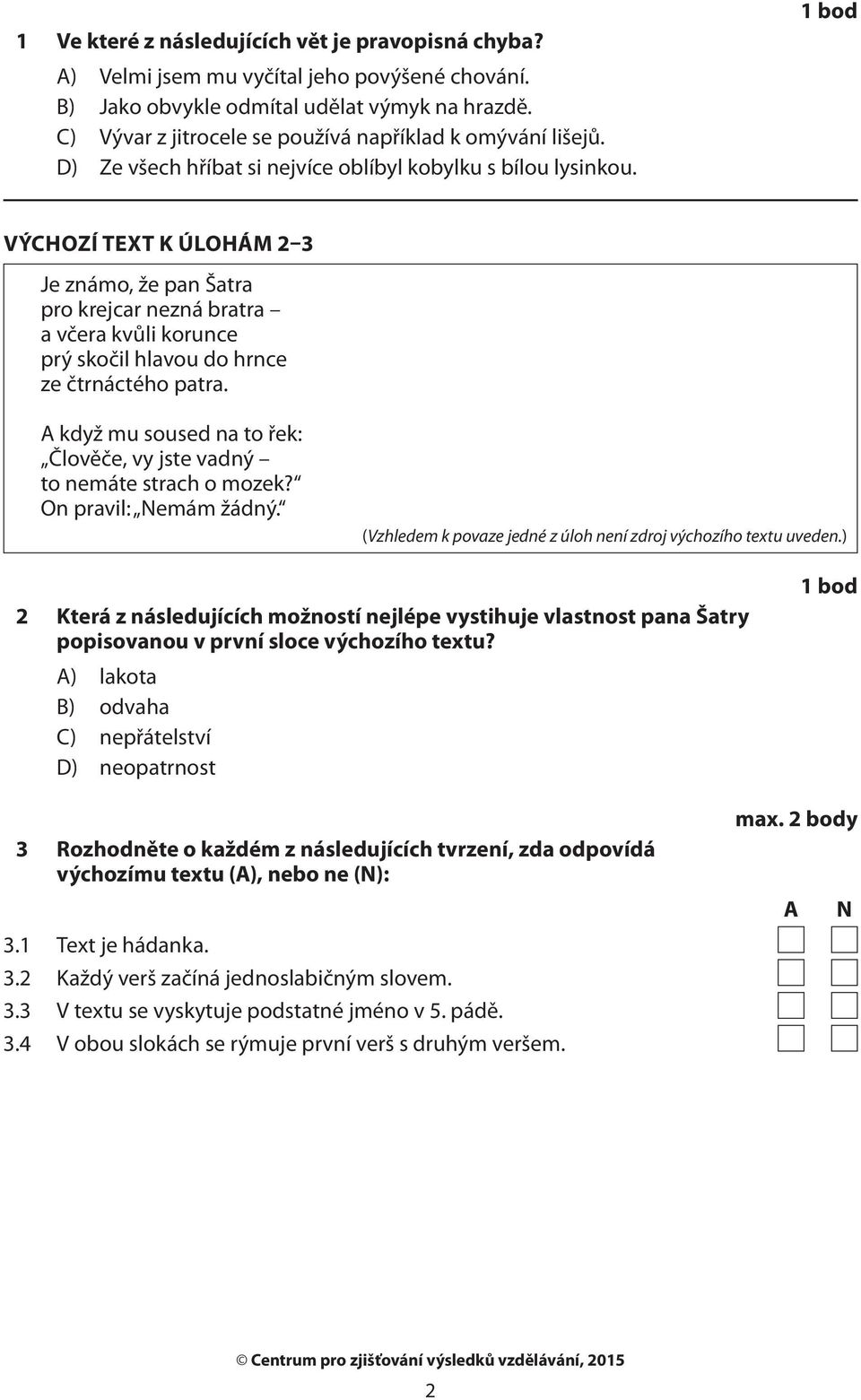 VÝCHOZÍ TEXT K ÚLOHÁM 2 3 Je známo, že pan Šatra pro krejcar nezná bratra a včera kvůli korunce prý skočil hlavou do hrnce ze čtrnáctého patra.