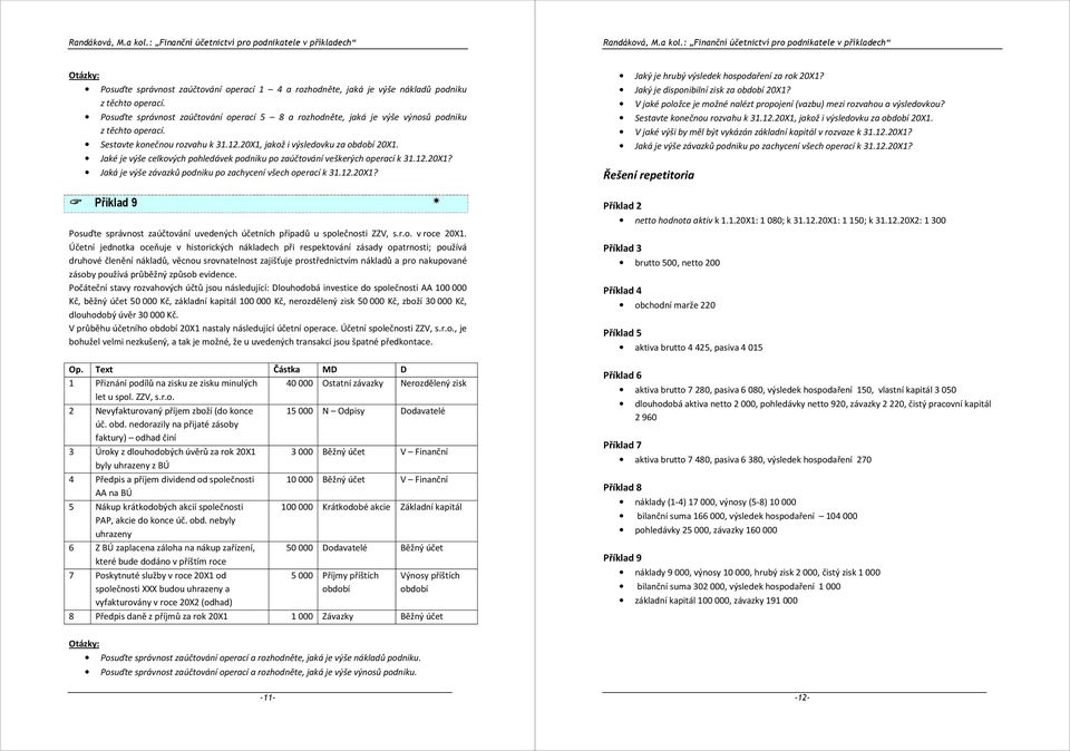 Jaké je výše celkových pohledávek podniku po zaúčtování veškerých operací k 31.12.2X1? Jaká je výše závazků podniku po zachycení všech operací k 31.12.2X1? Příklad 9 Posuďte správnost zaúčtování uvedených účetních případů u společnosti ZZV, s.