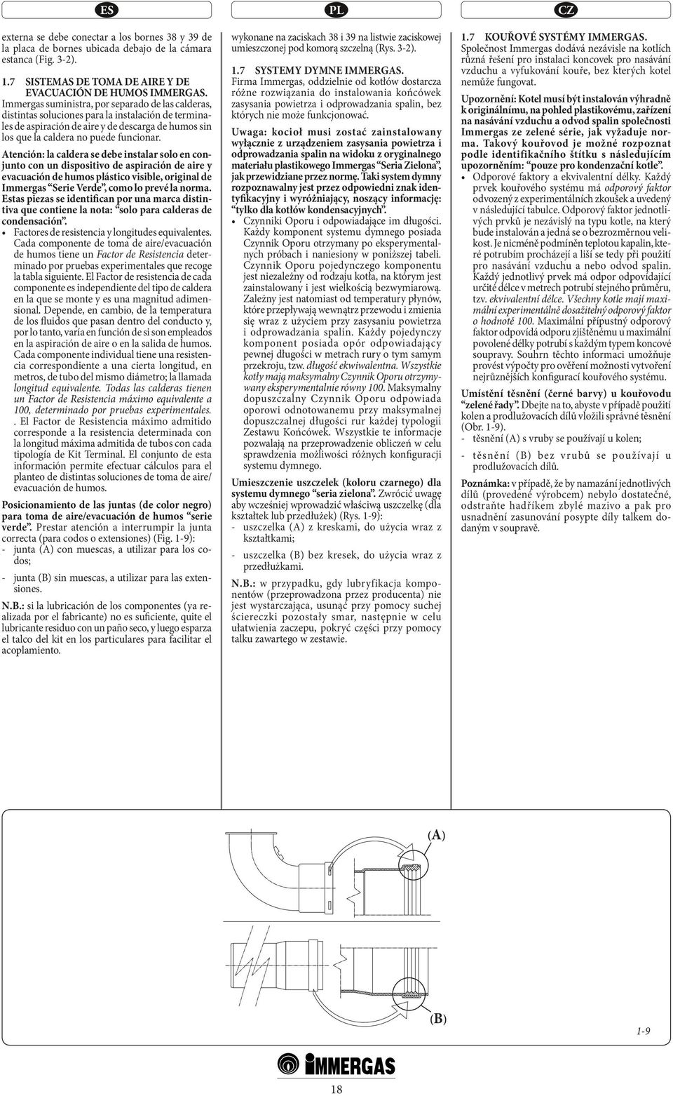 Atención: la caldera se debe instalar solo en conjunto con un dispositivo de aspiración de aire y evacuación de humos plástico visible, original de Immergas Serie Verde, como lo prevé la norma.