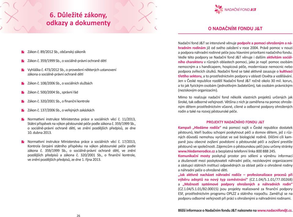 , o finanční kontrole Zákon č. 137/2006 Sb., o veřejných zakázkách Normativní instrukce Ministerstva práce a sociálních věcí č. 11/2013, Státní příspěvek na výkon pěstounské péče podle zákona č.