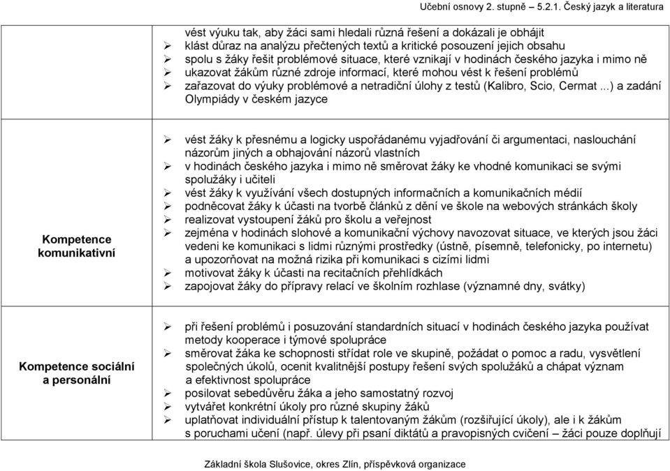 ..) a zadání Olympiády v českém jazyce Kompetence komunikativní vést žáky k přesnému a logicky uspořádanému vyjadřování či argumentaci, naslouchání názorům jiných a obhajování názorů vlastních v