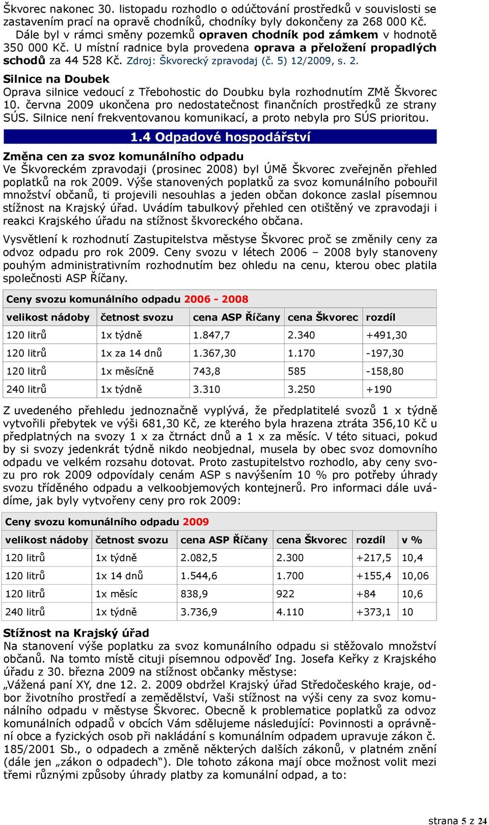 5) 12/2009, s. 2. Silnice na Doubek Oprava silnice vedoucí z Třebohostic do Doubku byla rozhodnutím ZMě Škvorec 10. června 2009 ukončena pro nedostatečnost finančních prostředků ze strany SÚS.