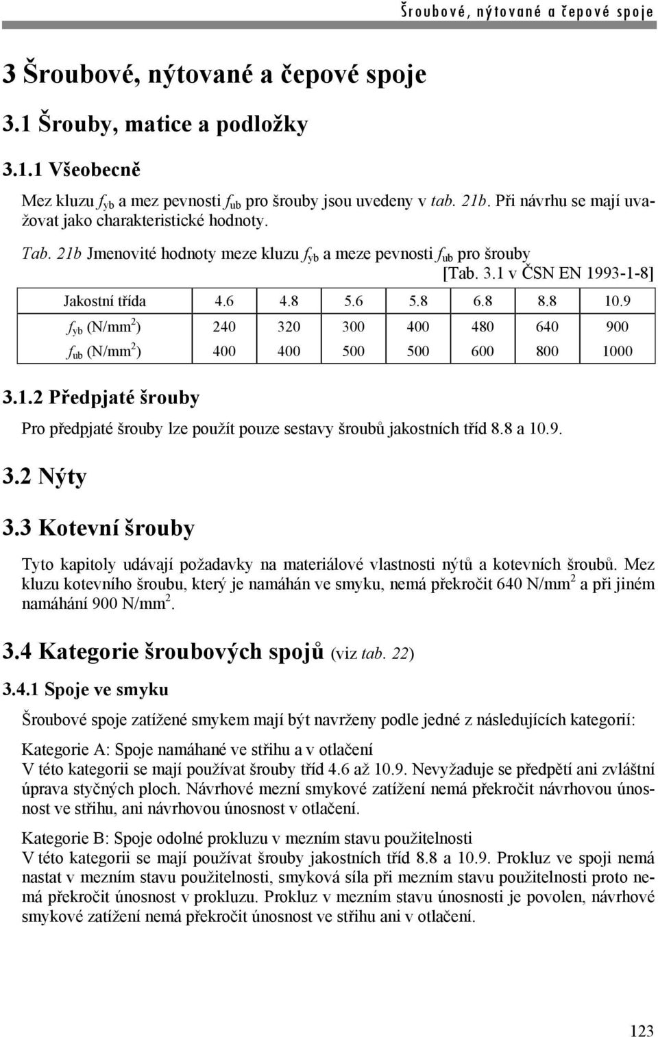 8 10.9 f yb (N/mm 2 ) 240 320 300 400 480 640 900 f ub (N/mm 2 ) 400 400 500 500 600 800 1000 3.1.2 Předpjaté šrouby Pro předpjaté šrouby lze použít pouze sestavy šroubů jakostních tříd 8.8 a 10.9. 3.2 Nýty 3.