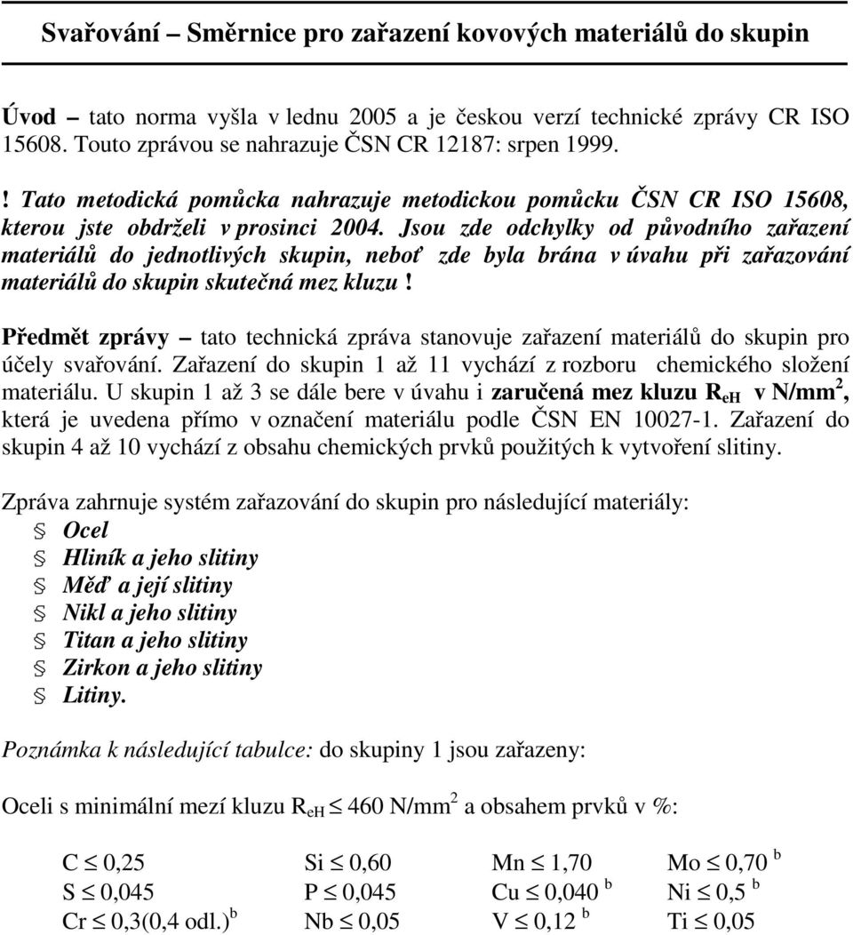 Jsou zde odchylky od původního zařazení materiálů do jednotlivých skupin, neboť zde byla brána v úvahu při zařazování materiálů do skupin skutečná mez!