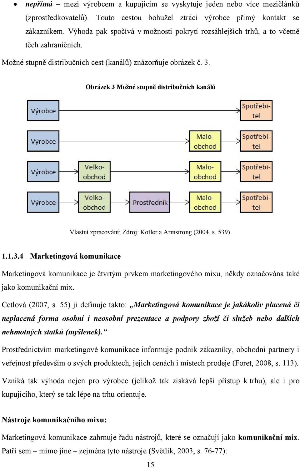 Obrázek 3 Moţné stupně distribučních kanálů Vlastní zpracování; Zdroj: Kotler a Armstrong (2004, s. 539). 1.1.3.4 Marketingová komunikace Marketingová komunikace je čtvrtým prvkem marketingového mixu, někdy označována také jako komunikační mix.