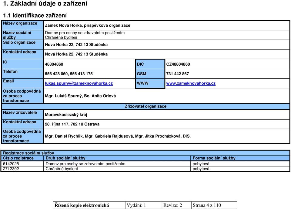 Studénka Nová Horka 22, 742 13 Studénka IČ Telefon Email Osoba zodpovědná za proces transformace Název zřizovatele Kontaktní adresa Osoba zodpovědná za proces transformace 48804860 DIČ CZ48804860 556