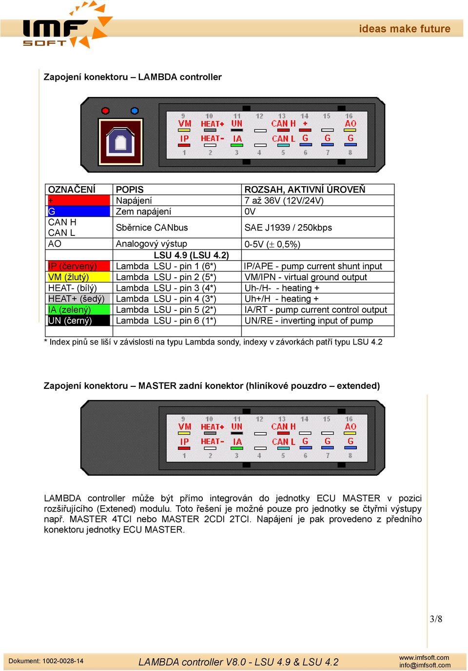 2) IP (červený) Lambda LSU - pin 1 (6*) IP/APE - pump current shunt input VM (žlutý) Lambda LSU - pin 2 (5*) VM/IPN - virtual ground output HEAT- (bílý) Lambda LSU - pin 3 (4*) Uh-/H- - heating +