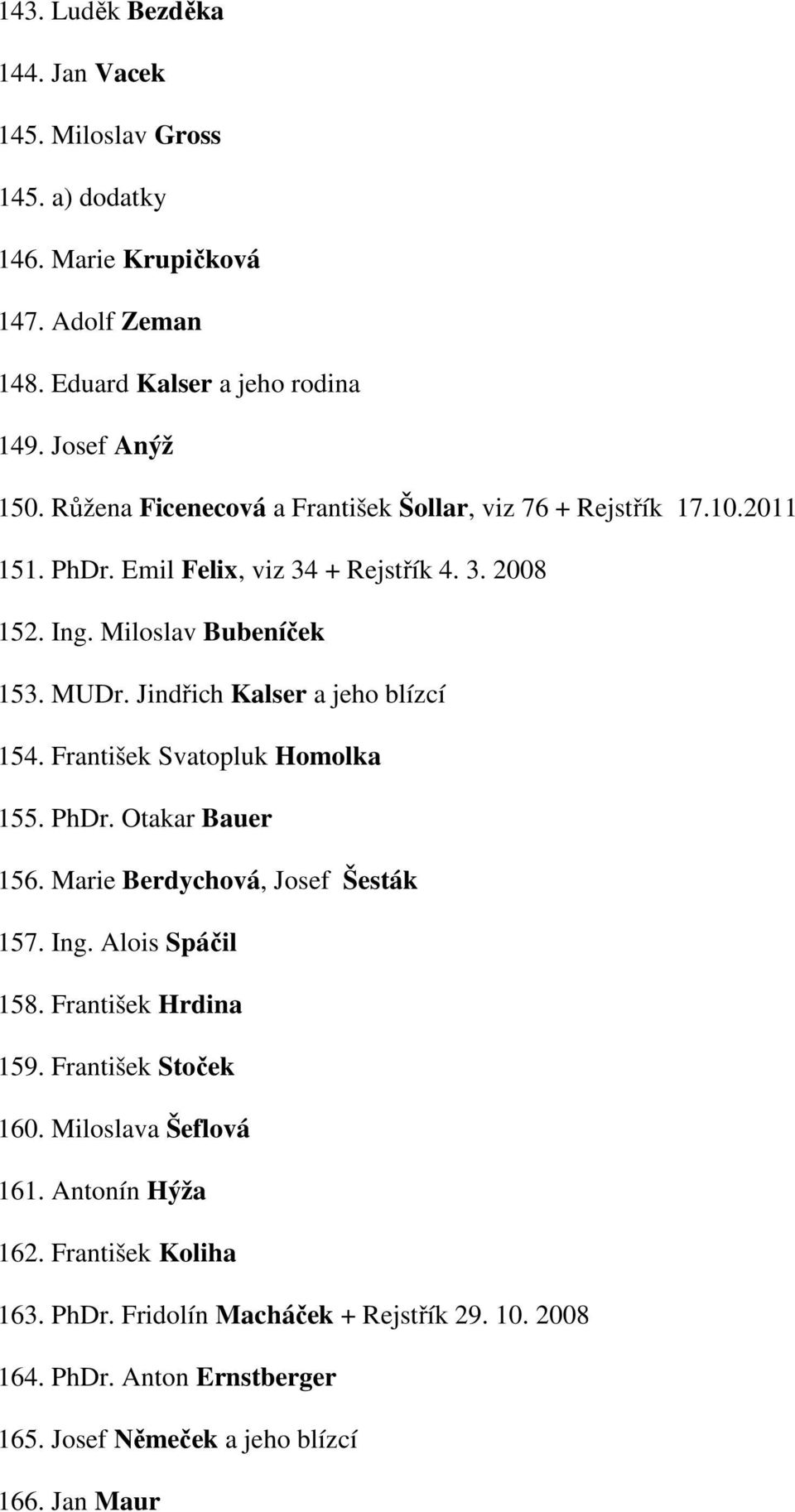 Jindřich Kalser a jeho blízcí 154. František Svatopluk Homolka 155. PhDr. Otakar Bauer 156. Marie Berdychová, Josef Šesták 157. Ing. Alois Spáčil 158. František Hrdina 159.