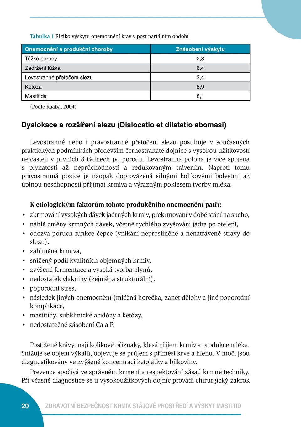 černostrakaté dojnice s vysokou užitkovostí nejčastěji v prvních 8 týdnech po porodu. Levostranná poloha je více spojena s plynatostí až neprůchodností a redukovaným trávením.