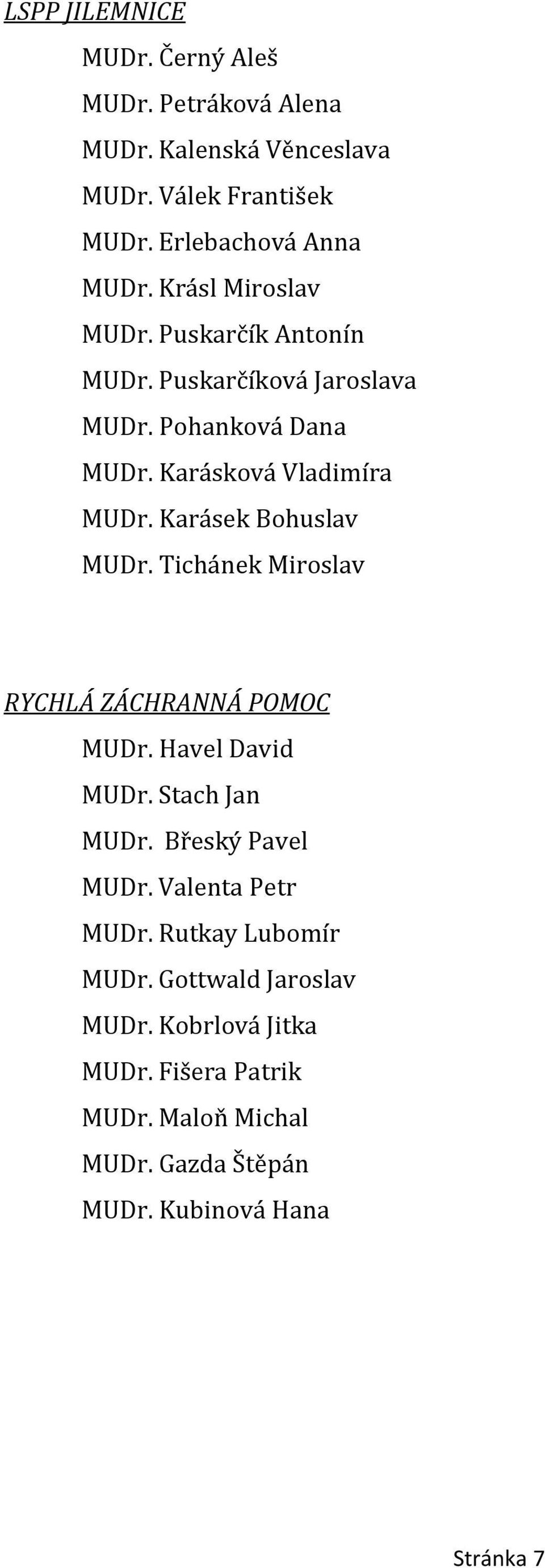 Karásek Bohuslav MUDr. Tichánek Miroslav RYCHLÁ ZÁCHRANNÁ POMOC MUDr. Havel David MUDr. Stach Jan MUDr. Břeský Pavel MUDr.