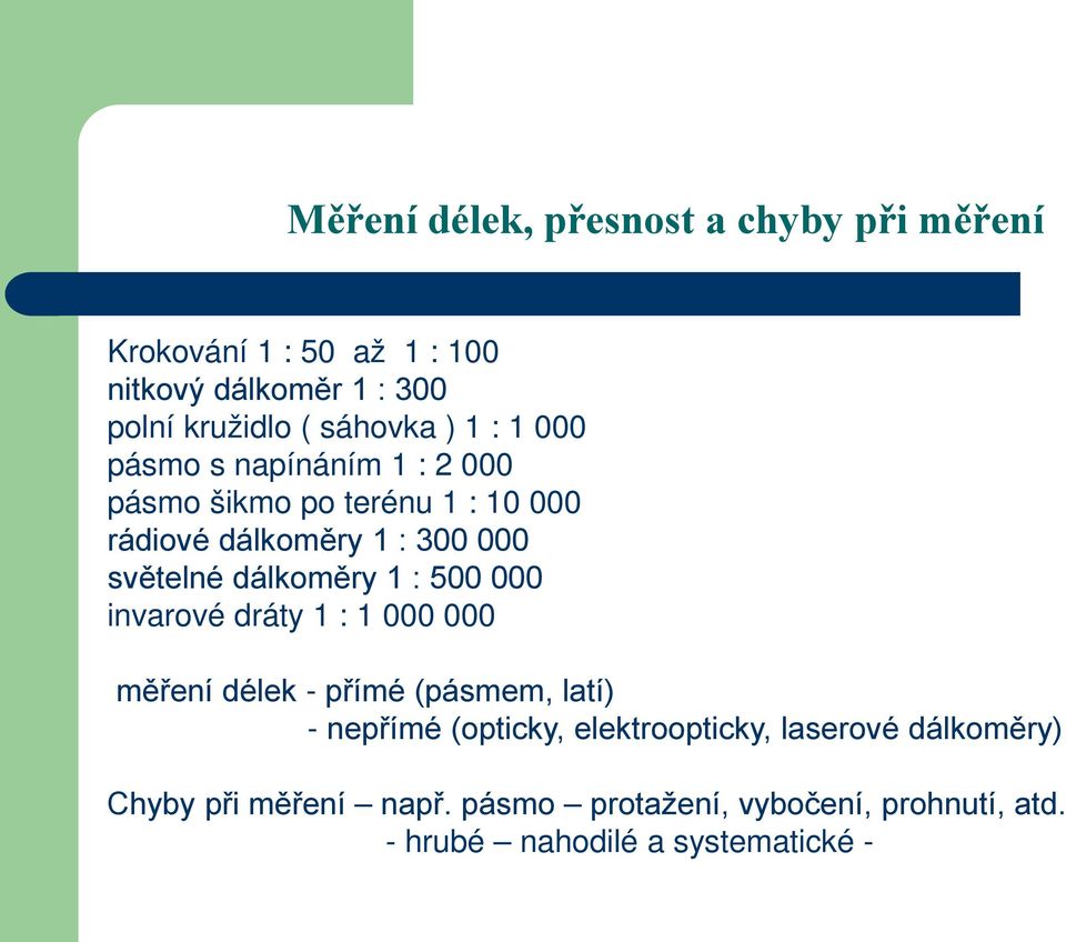 světelné dálkoměry 1 : 500 000 invarové dráty 1 : 1 000 000 měření délek - přímé (pásmem, latí) - nepřímé (opticky,