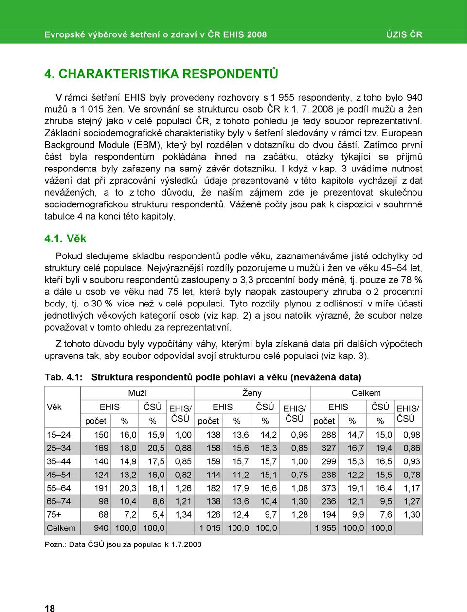 Základní sociodemografické charakteristiky byly v šetření sledovány v rámci tzv. European Background Module (EBM), který byl rozdělen v dotazníku do dvou částí.