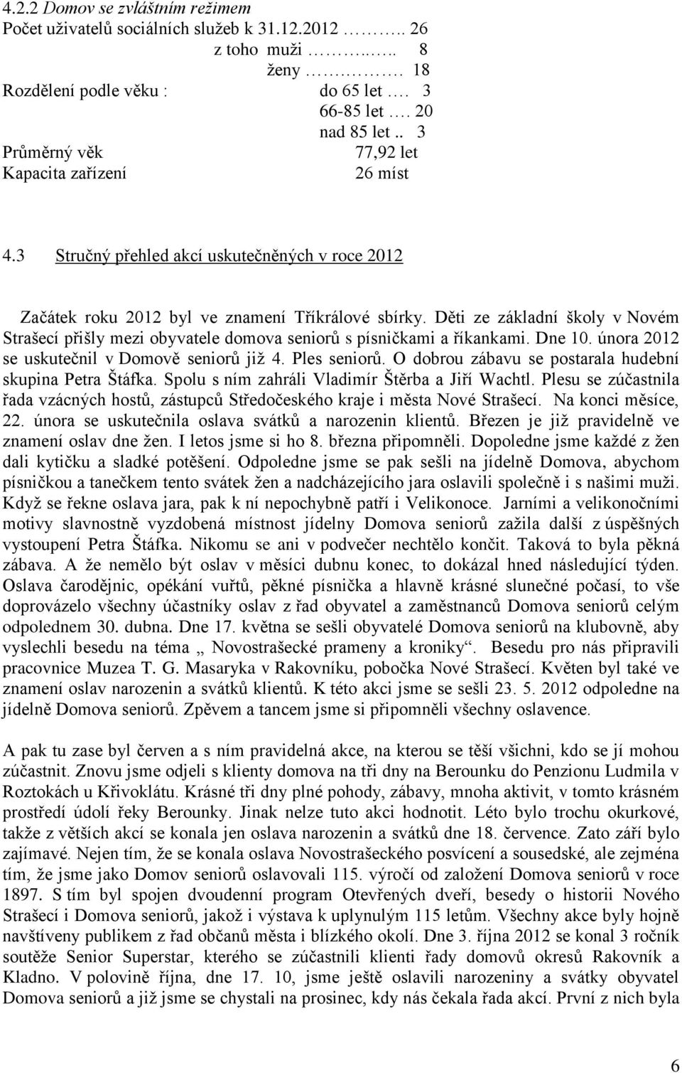 Děti ze základní školy v Novém Strašecí přišly mezi obyvatele domova seniorů s písničkami a říkankami. Dne 10. února 2012 se uskutečnil v Domově seniorů již 4. Ples seniorů.