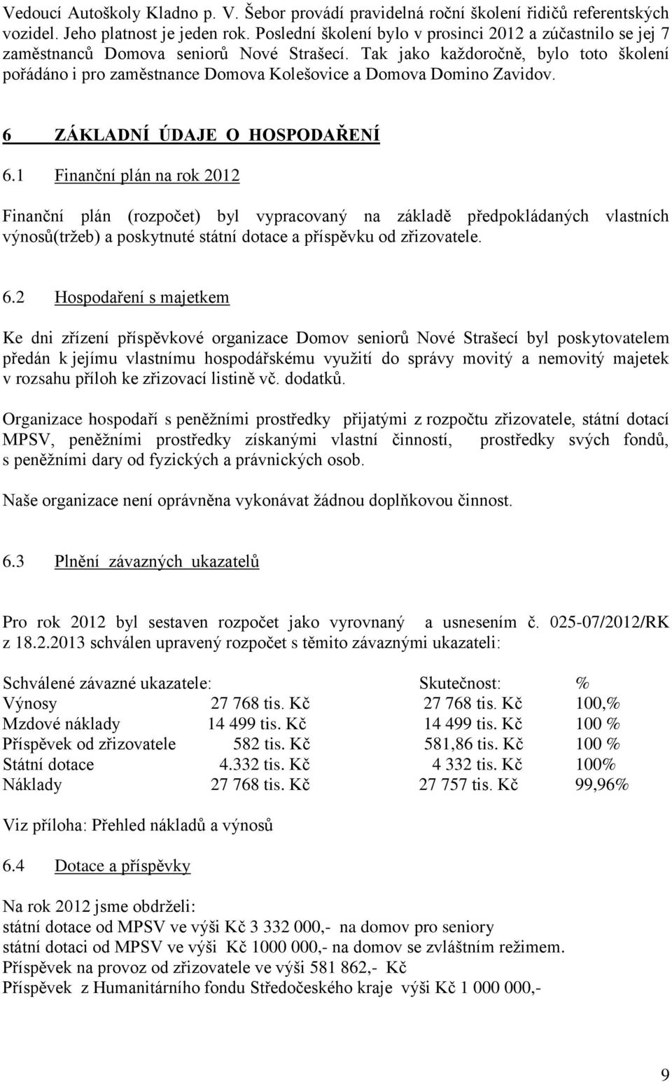 Tak jako každoročně, bylo toto školení pořádáno i pro zaměstnance Domova Kolešovice a Domova Domino Zavidov. 6 ZÁKLADNÍ ÚDAJE O HOSPODAŘENÍ 6.