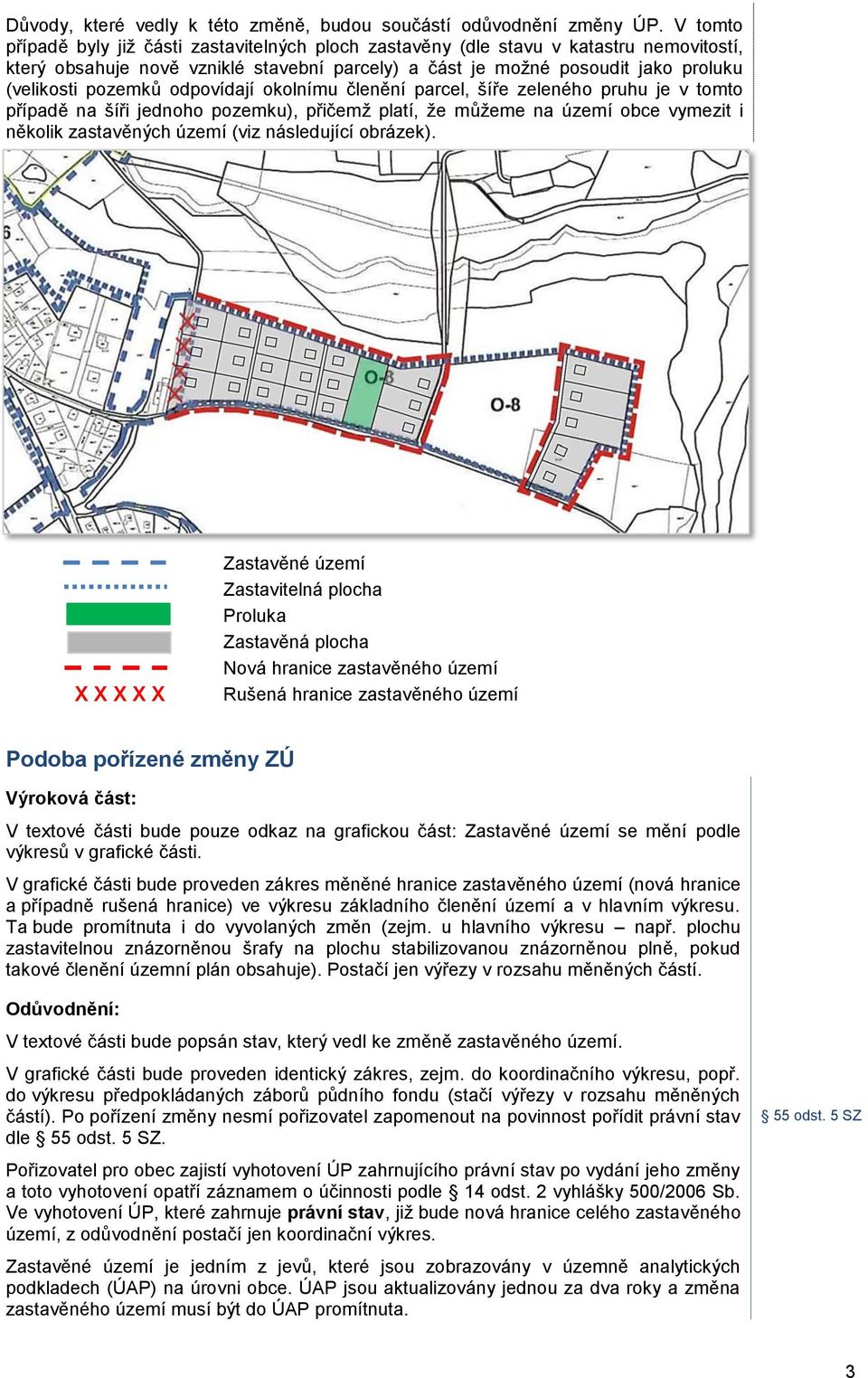 odpovídají okolnímu členění parcel, šíře zeleného pruhu je v tomto případě na šíři jednoho pozemku), přičemž platí, že můžeme na území obce vymezit i několik zastavěných území (viz následující