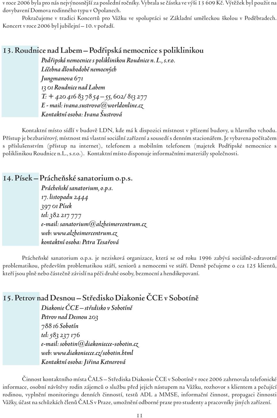 Roudnice nad Labem Podřipská nemocnice s poliklinikou Podřipská nemocnice s poliklinikou Roudnice n. L., s.r.o. Léčebna dlouhodobě nemocných Jungmanova 671 13 01 Roudnice nad Labem T: + 420 416 83 78 54 55, 602/ 813 277 E - mail: ivana.