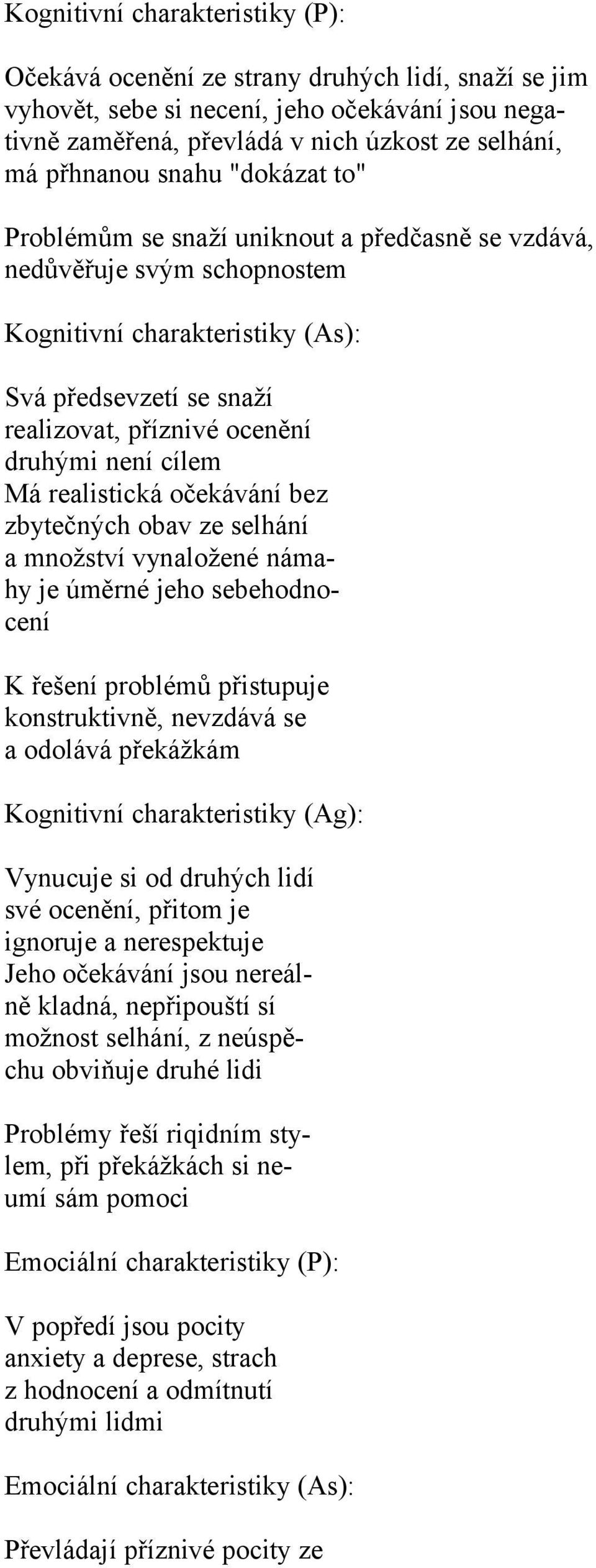 cílem Má realistická očekávání bez zbytečných obav ze selhání a množství vynaložené námahy je úměrné jeho sebehodnocení K řešení problémů přistupuje konstruktivně, nevzdává se a odolává překážkám