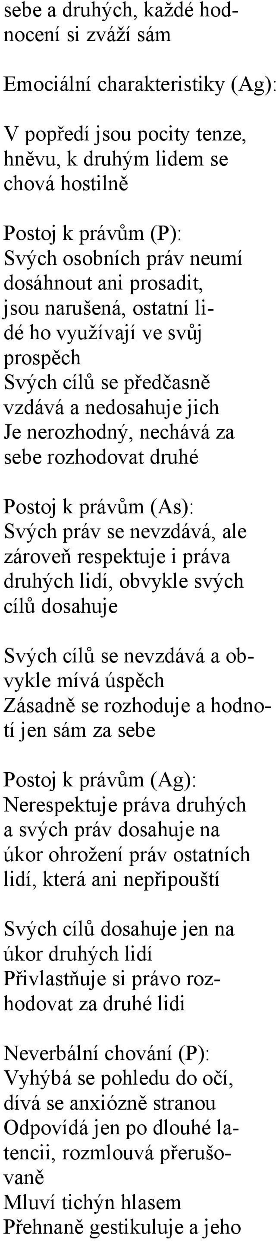 (As): Svých práv se nevzdává, ale zároveň respektuje i práva druhých lidí, obvykle svých cílů dosahuje Svých cílů se nevzdává a obvykle mívá úspěch Zásadně se rozhoduje a hodnotí jen sám za sebe