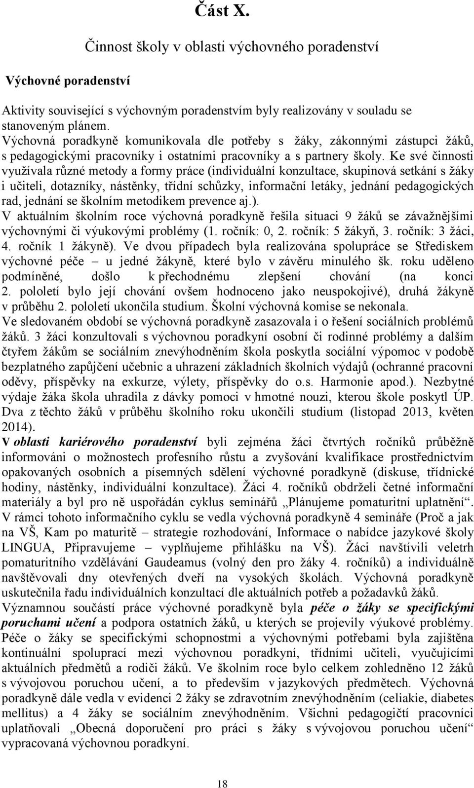 Ke své činnosti využívala různé metody a formy práce (individuální konzultace, skupinová setkání s žáky i učiteli, dotazníky, nástěnky, třídní schůzky, informační letáky, jednání pedagogických rad,