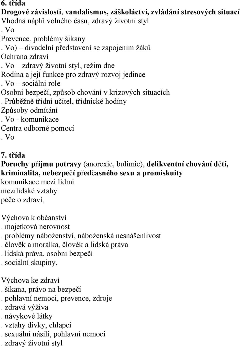 Vo sociální role Osobní bezpečí, způsob chování v krizových situacích. Průběžně třídní učitel, třídnické hodiny Způsoby odmítání. Vo - komunikace Centra odborné pomoci. Vo 7.
