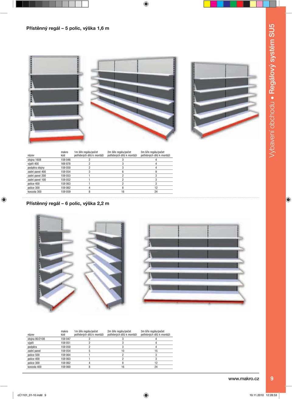062 4 8 12 konzola 300 159 059 8 16 24 Vybavení obchodu Regálový systém SU5 Přístěnný regál 6 polic, výška 2,2 m makro kód 1m šíře regálu/počet potřebných dílů k montáži 2m šíře regálu/počet